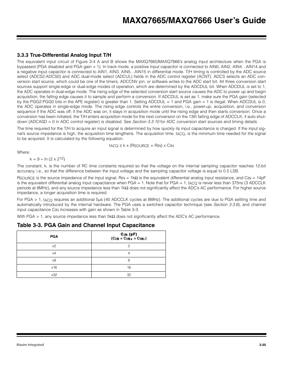 3 true-differential analog input t/h -20, Table 3-3. pga gain and channel input capacitance, 3 true-differential analog input t/h | Maxim Integrated MAXQ7666 User Manual | Page 110 / 386