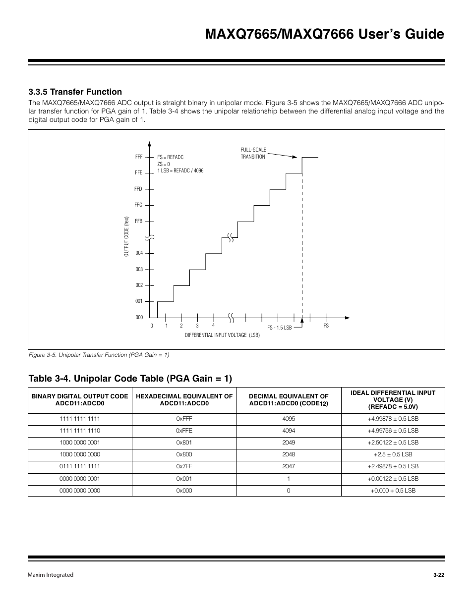 5 transfer function -22, Table 3-4. unipolar code table (pga gain = 1) -22, Table 3-4. unipolar code table (pga gain = 1) | 5 transfer function | Maxim Integrated MAXQ7666 User Manual | Page 112 / 386