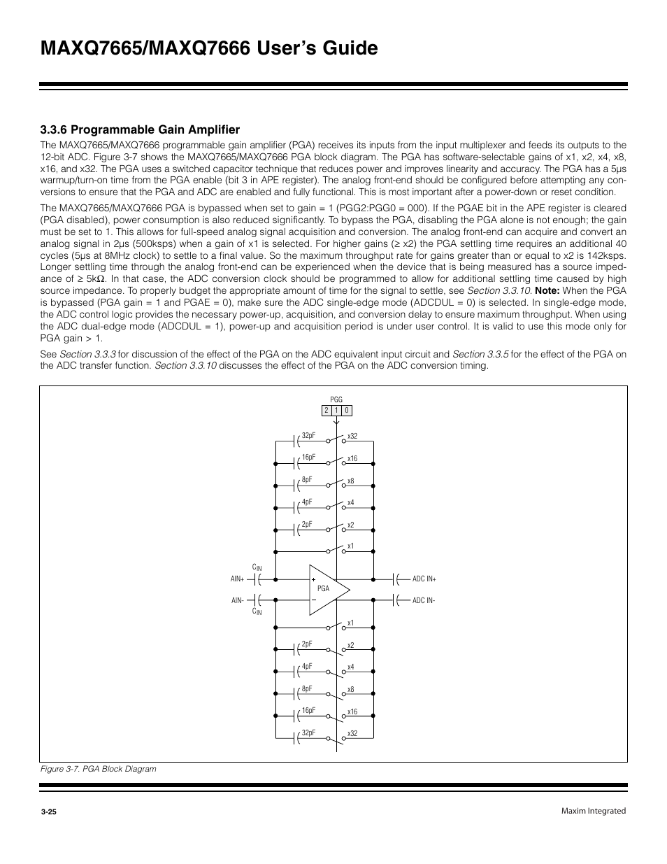 6 programmable gain amplifier -25, Figure 3-7. pga block diagram -25, 6 programmable gain amplifier | Maxim Integrated MAXQ7666 User Manual | Page 115 / 386