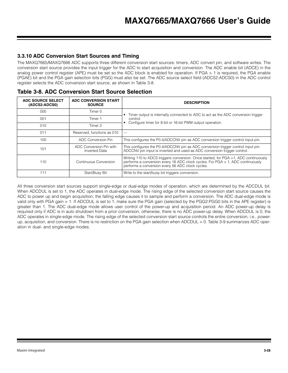 10 adc conversion start sources and timing -28, Table 3-8. adc conversion start source selection, 10 adc conversion start sources and timing | Maxim Integrated MAXQ7666 User Manual | Page 118 / 386