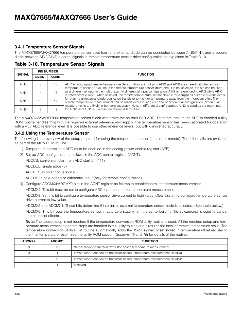 1 temperature sensor signals -35, 2 using the temperature sensor -35, Table 3-10. temperature sensor signals -35 | Table 3-10. temperature sensor signals, 1 temperature sensor signals, 2 using the temperature sensor | Maxim Integrated MAXQ7666 User Manual | Page 125 / 386