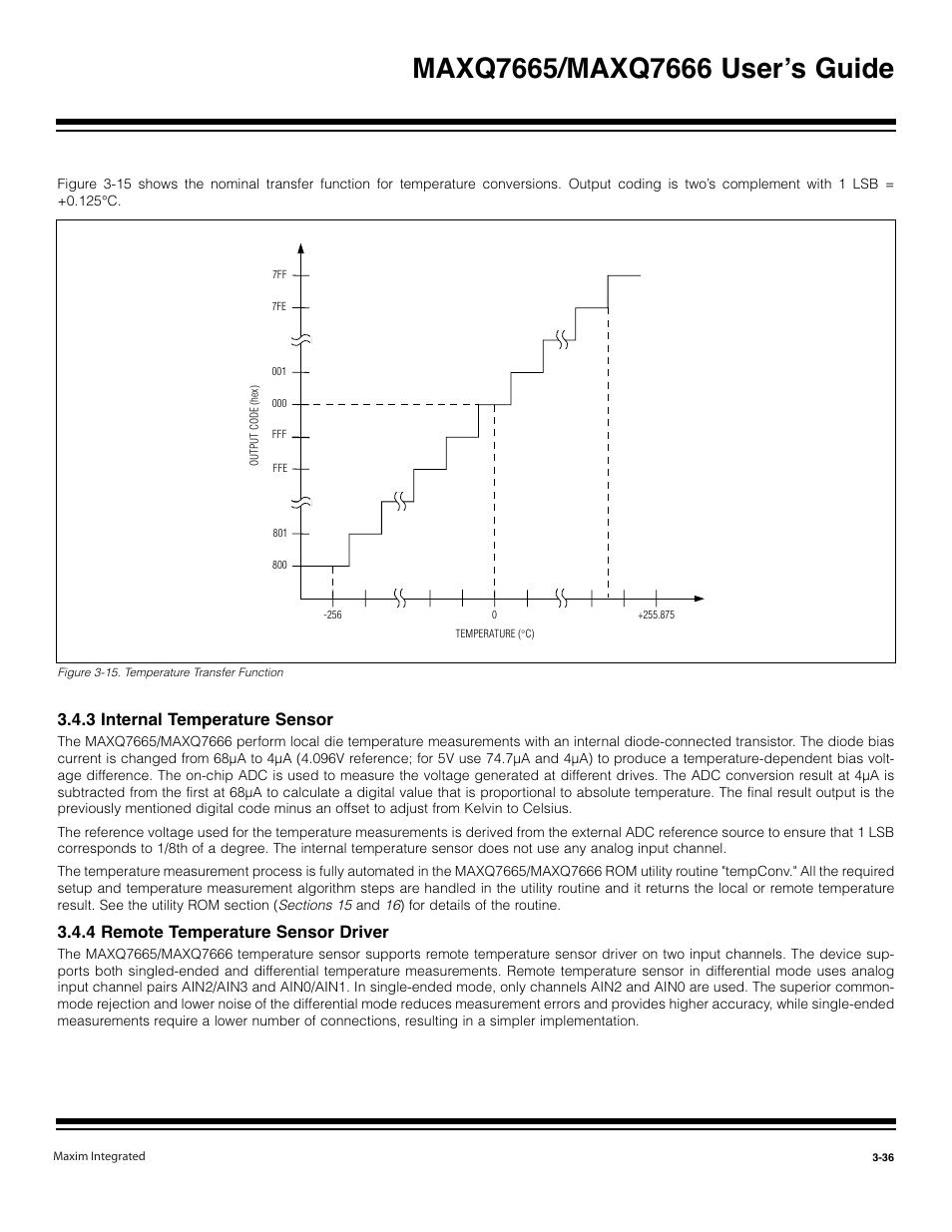 3 internal temperature sensor -36, 4 remote temperature sensor driver -36, Figure 3-15. temperature transfer function -36 | 3 internal temperature sensor, 4 remote temperature sensor driver | Maxim Integrated MAXQ7666 User Manual | Page 126 / 386