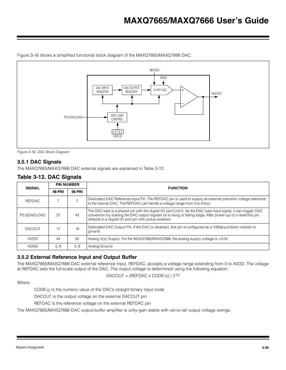 1 dac signals -38, Figure 3-16. dac block diagram -38, Table 3-12. dac signals -38 | Table 3-12. dac signals, 1 dac signals, 2 external reference input and output buffer | Maxim Integrated MAXQ7666 User Manual | Page 128 / 386