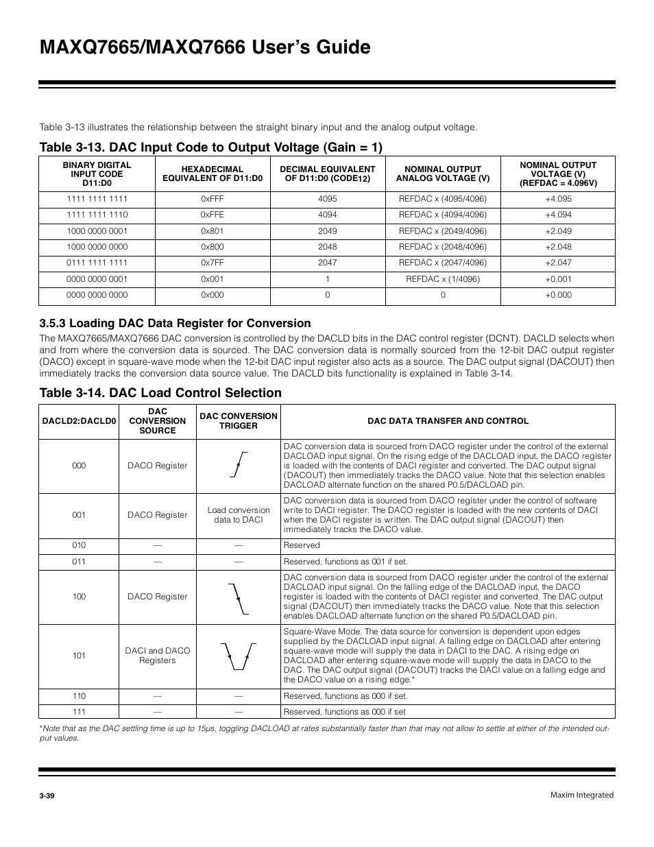 2 external reference input and output buffer -38, 3 loading dac data register for conversion -39, Table 3-14. dac load control selection -39 | Table 3-14. dac load control selection, 3 loading dac data register for conversion | Maxim Integrated MAXQ7666 User Manual | Page 129 / 386