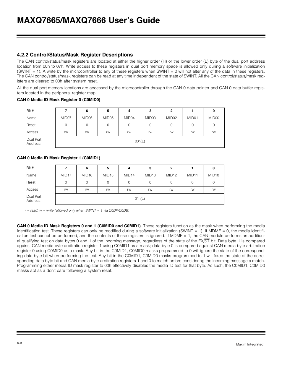 2 can control/status/mask register descriptions -9, 2 control/status/mask register descriptions | Maxim Integrated MAXQ7666 User Manual | Page 139 / 386