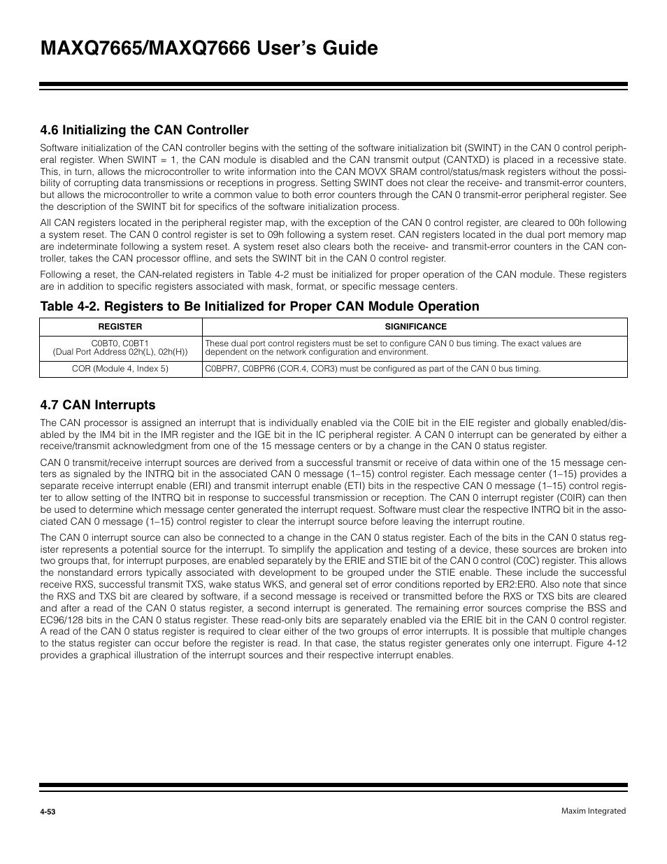 6 initializing the can controller -53, 7 can interrupts -53, 6 initializing the can controller | Maxim Integrated MAXQ7666 User Manual | Page 183 / 386