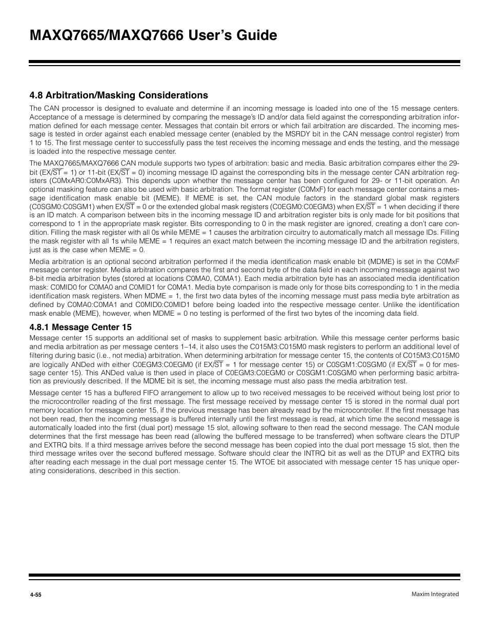 8 arbitration/masking considerations -55, 1 message center 15 -55 | Maxim Integrated MAXQ7666 User Manual | Page 185 / 386