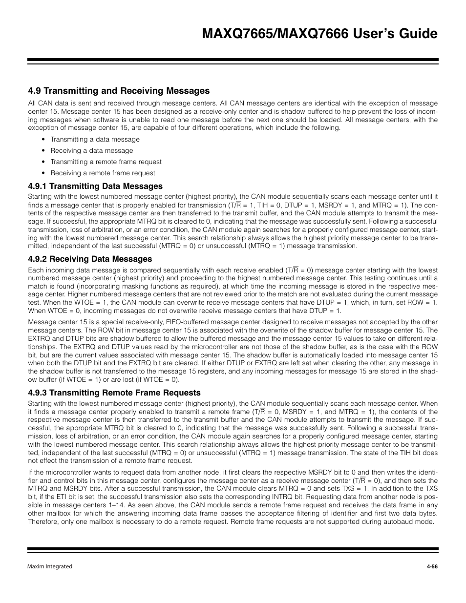 9 transmitting and receiving messages -56, 1 transmitting data messages -56, 2 receiving data messages -56 | 3 transmitting remote frame requests -56 | Maxim Integrated MAXQ7666 User Manual | Page 186 / 386