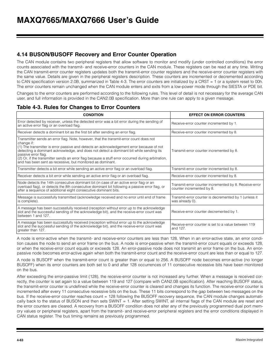 Table 4-3. rules for changes to error counters -63, Table 4-3. rules for changes to error counters | Maxim Integrated MAXQ7666 User Manual | Page 193 / 386