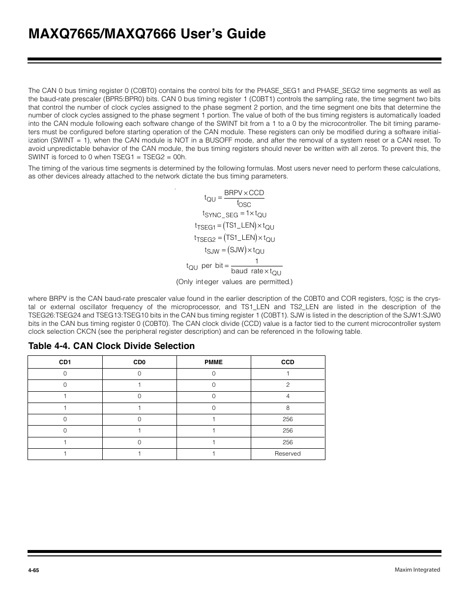 Table 4-4. can clock divide selection -65, Table 4-4. can clock divide selection | Maxim Integrated MAXQ7666 User Manual | Page 195 / 386