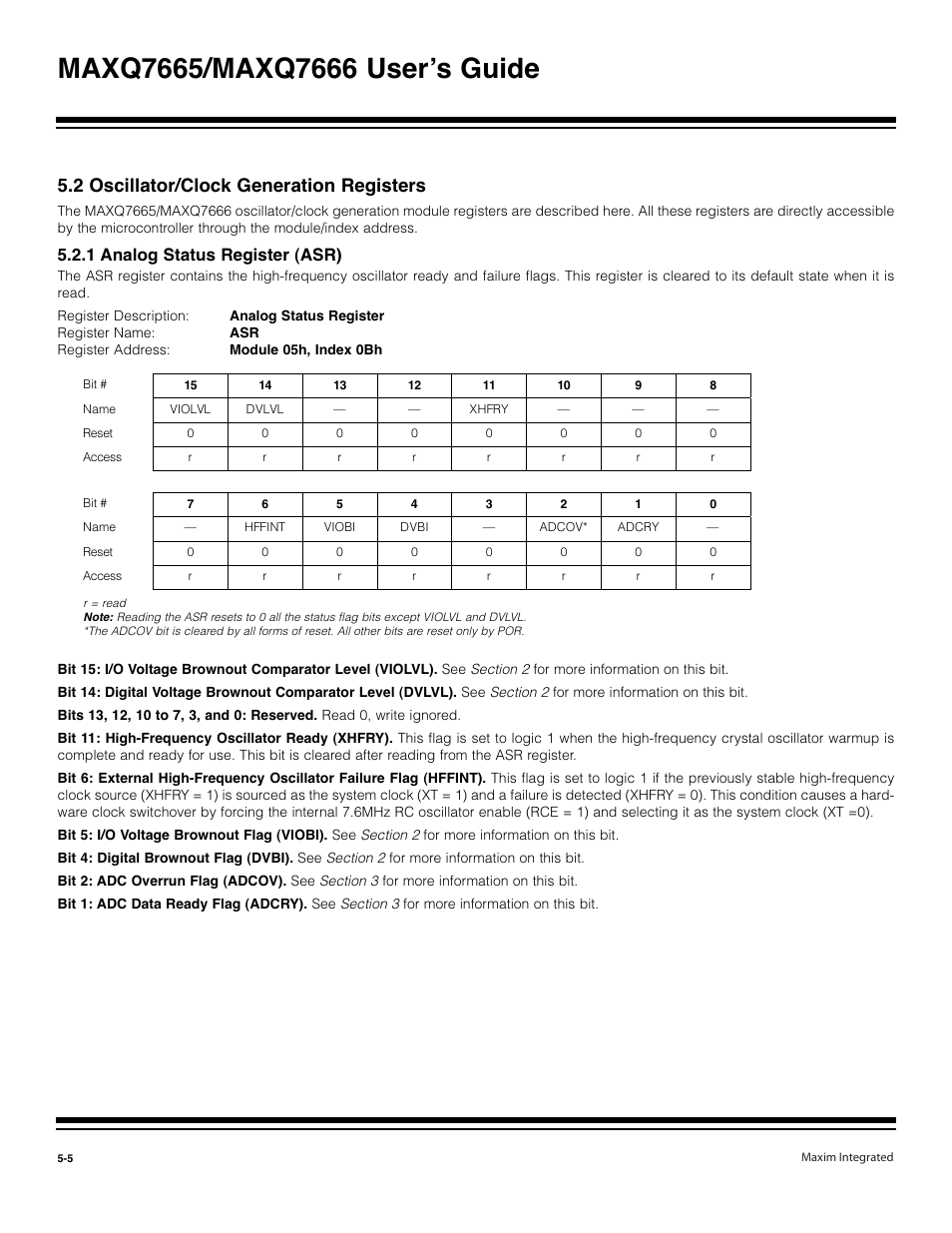 2 oscillator/clock generation registers -5, 1 analog status register (asr) -5, 2 oscillator/clock generation registers | 1 analog status register (asr) | Maxim Integrated MAXQ7666 User Manual | Page 202 / 386