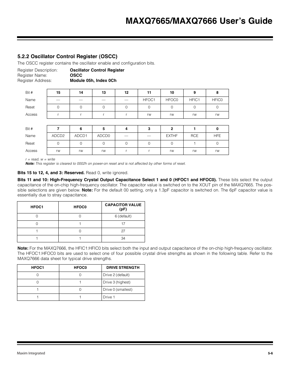 2 oscillator control register (oscc) -6, 2 oscillator control register (oscc) | Maxim Integrated MAXQ7666 User Manual | Page 203 / 386