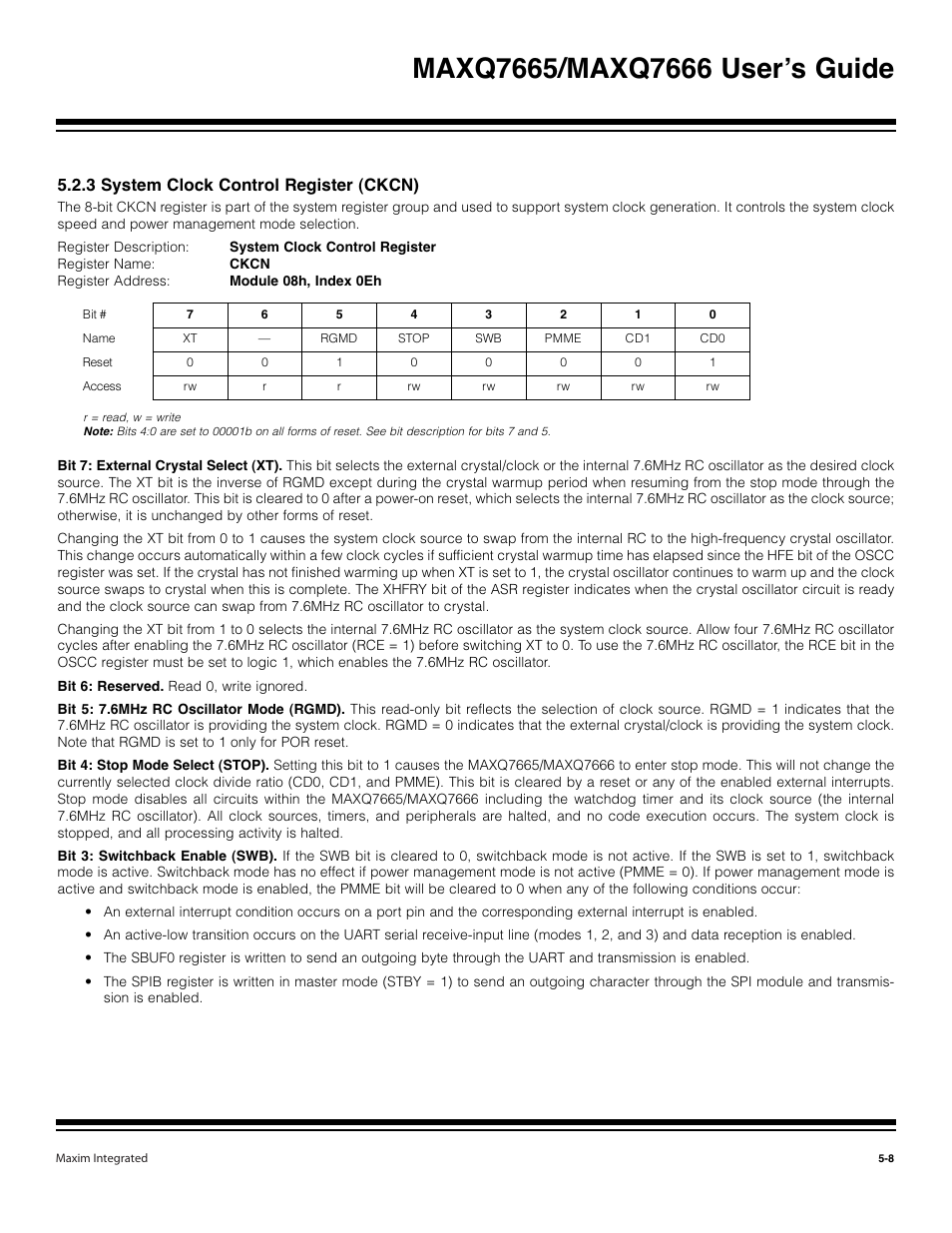 3 system clock control register (ckcn) -8, 3 system clock control register (ckcn) | Maxim Integrated MAXQ7666 User Manual | Page 205 / 386