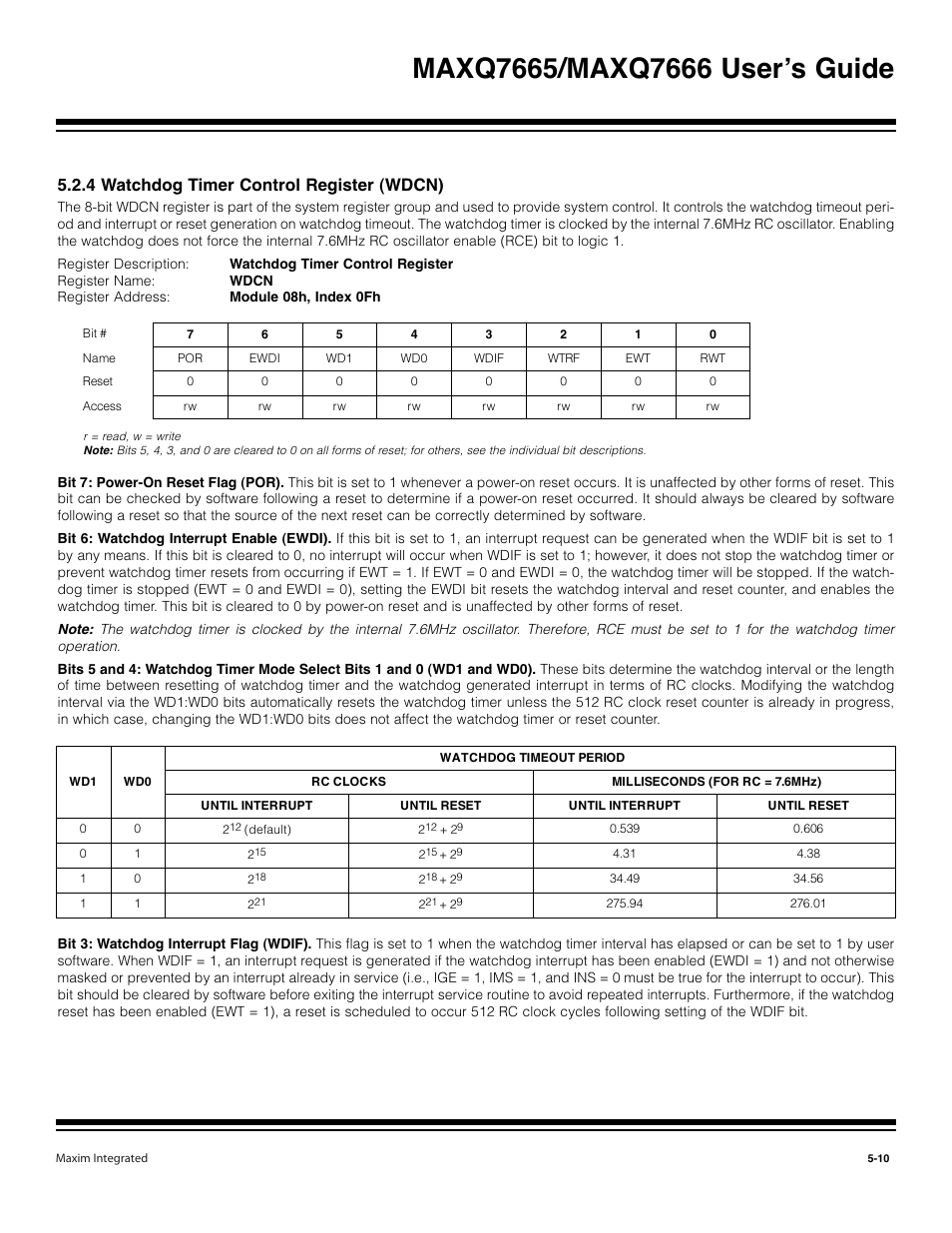 4 watchdog timer control register (wdcn) -10, 4 watchdog timer control register (wdcn) | Maxim Integrated MAXQ7666 User Manual | Page 207 / 386