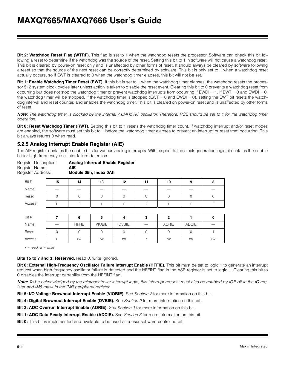 5 analog interrupt enable register (aie) -11, 5 analog interrupt enable register (aie) | Maxim Integrated MAXQ7666 User Manual | Page 208 / 386