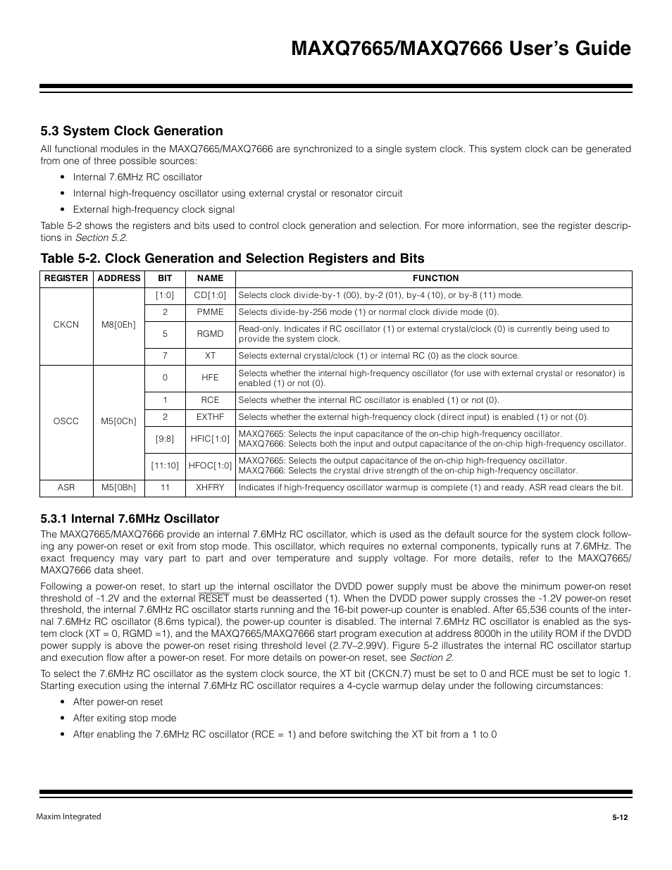 3 system clock generation -12, 1 internal 7.6mhz rc oscillator -12, 3 system clock generation | 1 internal 7.6mhz oscillator | Maxim Integrated MAXQ7666 User Manual | Page 209 / 386