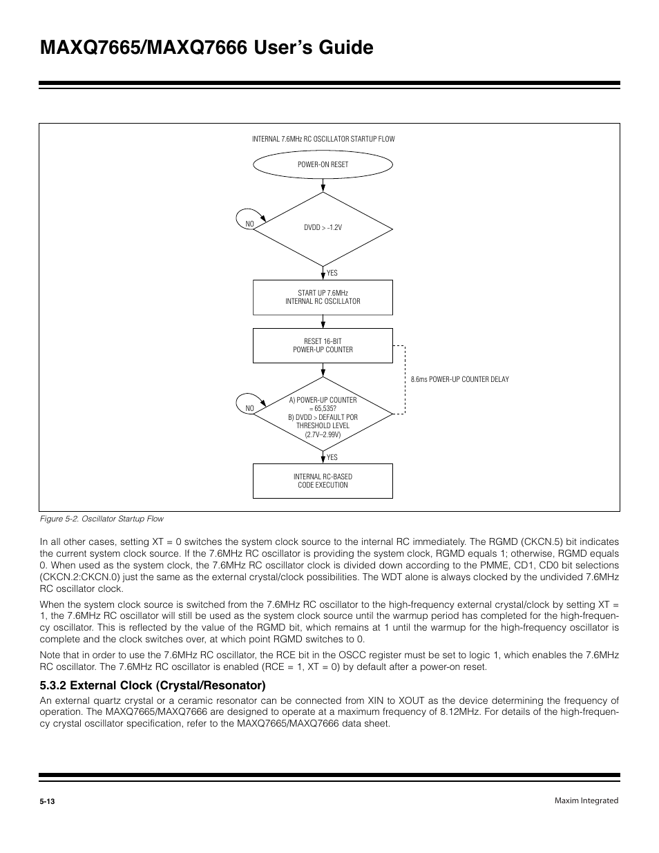 Figure 5-2. oscillator startup flow -13, 2 external clock (crystal/resonator) | Maxim Integrated MAXQ7666 User Manual | Page 210 / 386