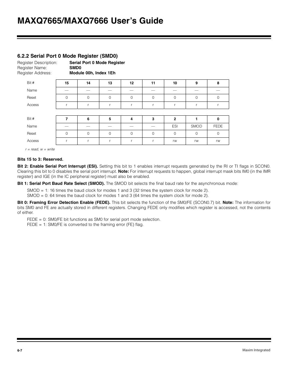 2 serial port 0 mode register (smd0) -7, 2 serial port 0 mode register (smd0) | Maxim Integrated MAXQ7666 User Manual | Page 225 / 386
