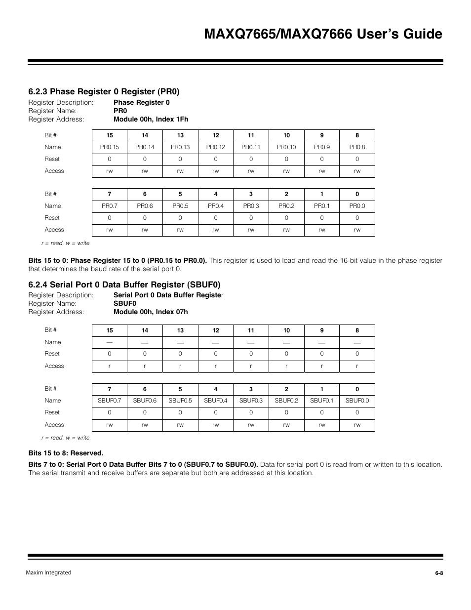 3 phase register 0 register (pr0) -8, 4 serial port 0 data buffer register (sbuf0) -8, 3 phase register 0 register (pr0) | 4 serial port 0 data buffer register (sbuf0) | Maxim Integrated MAXQ7666 User Manual | Page 226 / 386