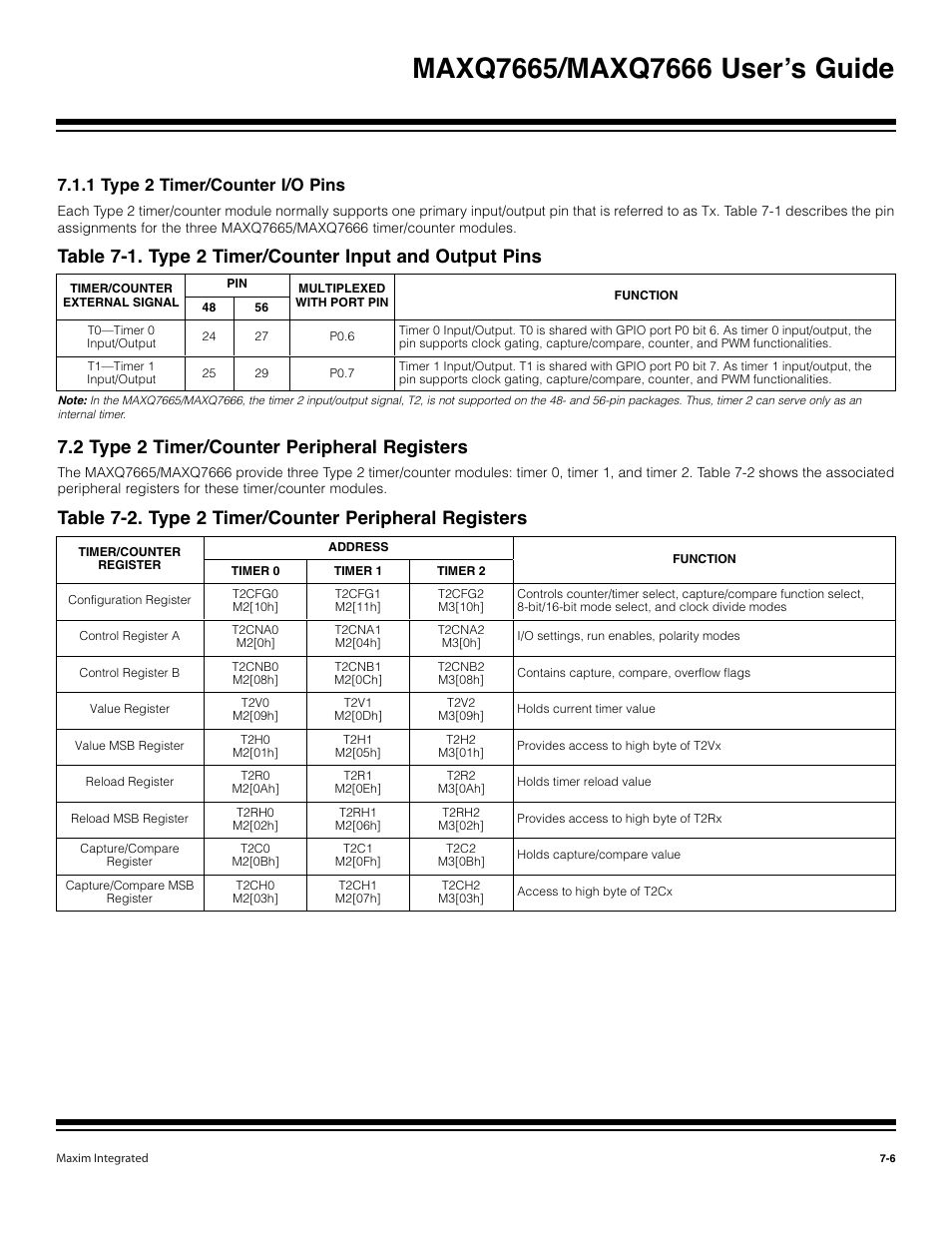 1 type 2 timer/counter i/o pins -6, 2 type 2 timer/counter peripheral registers -6, 1 type 2 timer/counter i/o pins | Maxim Integrated MAXQ7666 User Manual | Page 241 / 386