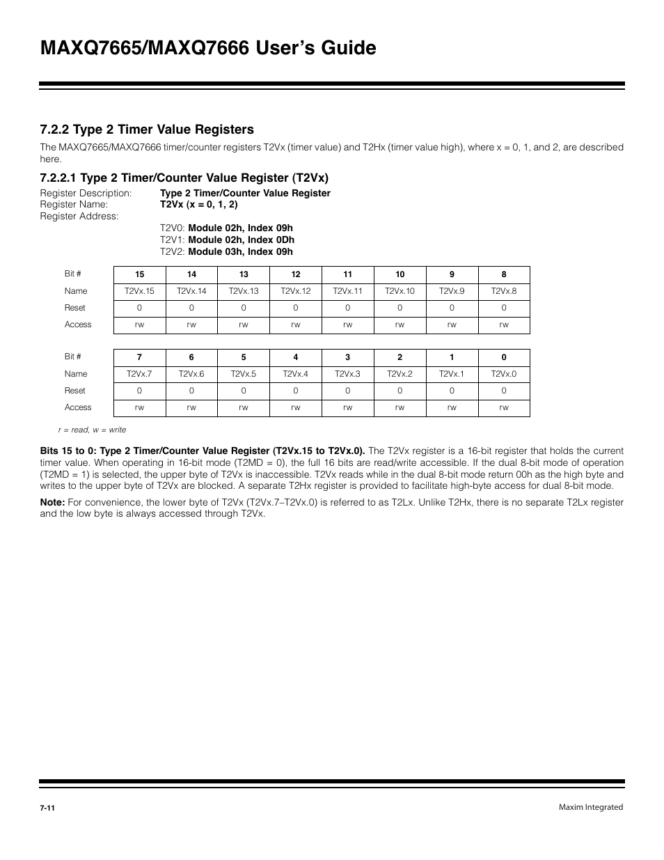 2 type 2 timer value registers -11, 1 type 2 timer/counter value register (t2vx) -11, 2 type 2 timer value registers | 1 type 2 timer/counter value register (t2vx) | Maxim Integrated MAXQ7666 User Manual | Page 246 / 386