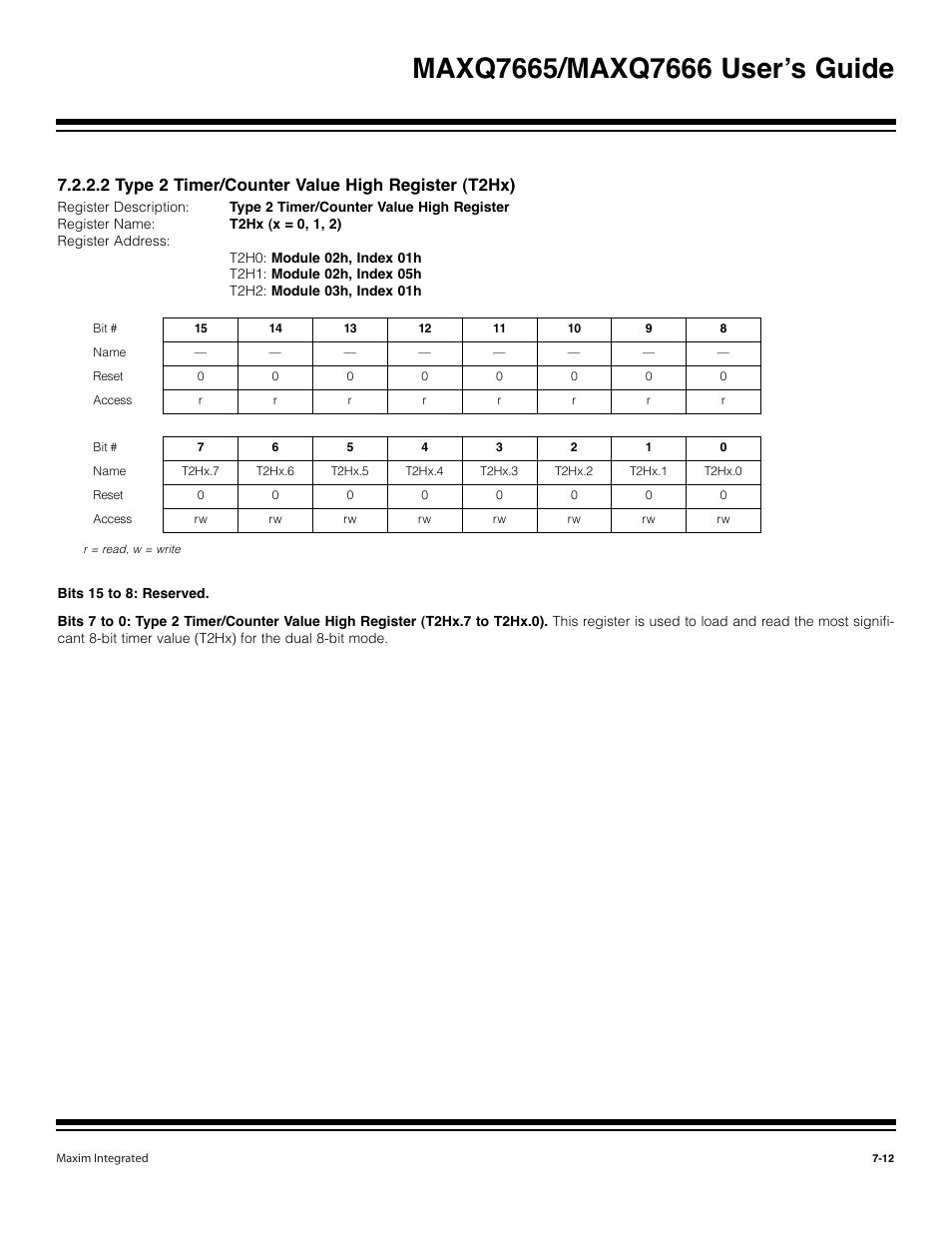 2 type 2 timer/counter value high register (t2hx) | Maxim Integrated MAXQ7666 User Manual | Page 247 / 386