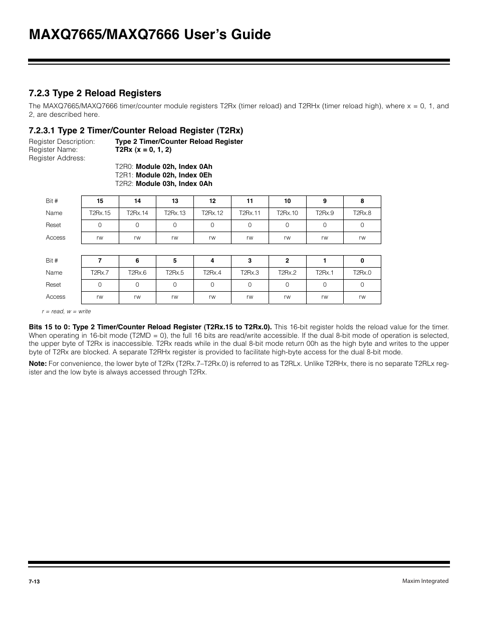 3 type 2 reload registers -13, 1 type 2 timer/counter reload register (t2rx) -13, 3 type 2 reload registers | 1 type 2 timer/counter reload register (t2rx) | Maxim Integrated MAXQ7666 User Manual | Page 248 / 386