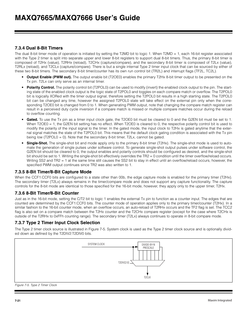 4 dual 8-bit timers -21, 5 8-bit timer/8-bit capture mode -21, Figure 7-5. type 2 timer clock -21 | Maxim Integrated MAXQ7666 User Manual | Page 256 / 386