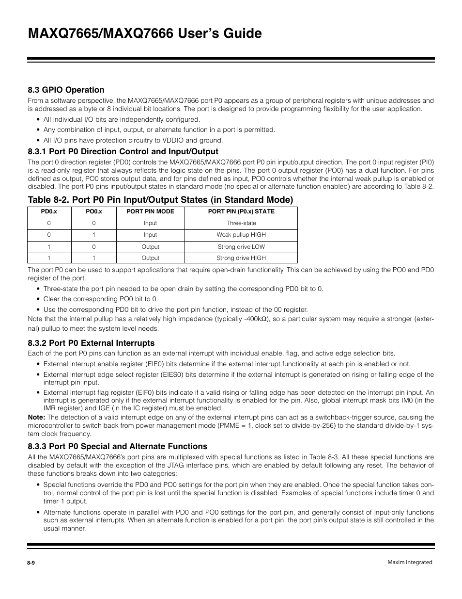 3 gpio operation -9, 1 port p0 direction control and input/output -9, 2 port p0 external interrupts -9 | Maxim Integrated MAXQ7666 User Manual | Page 271 / 386