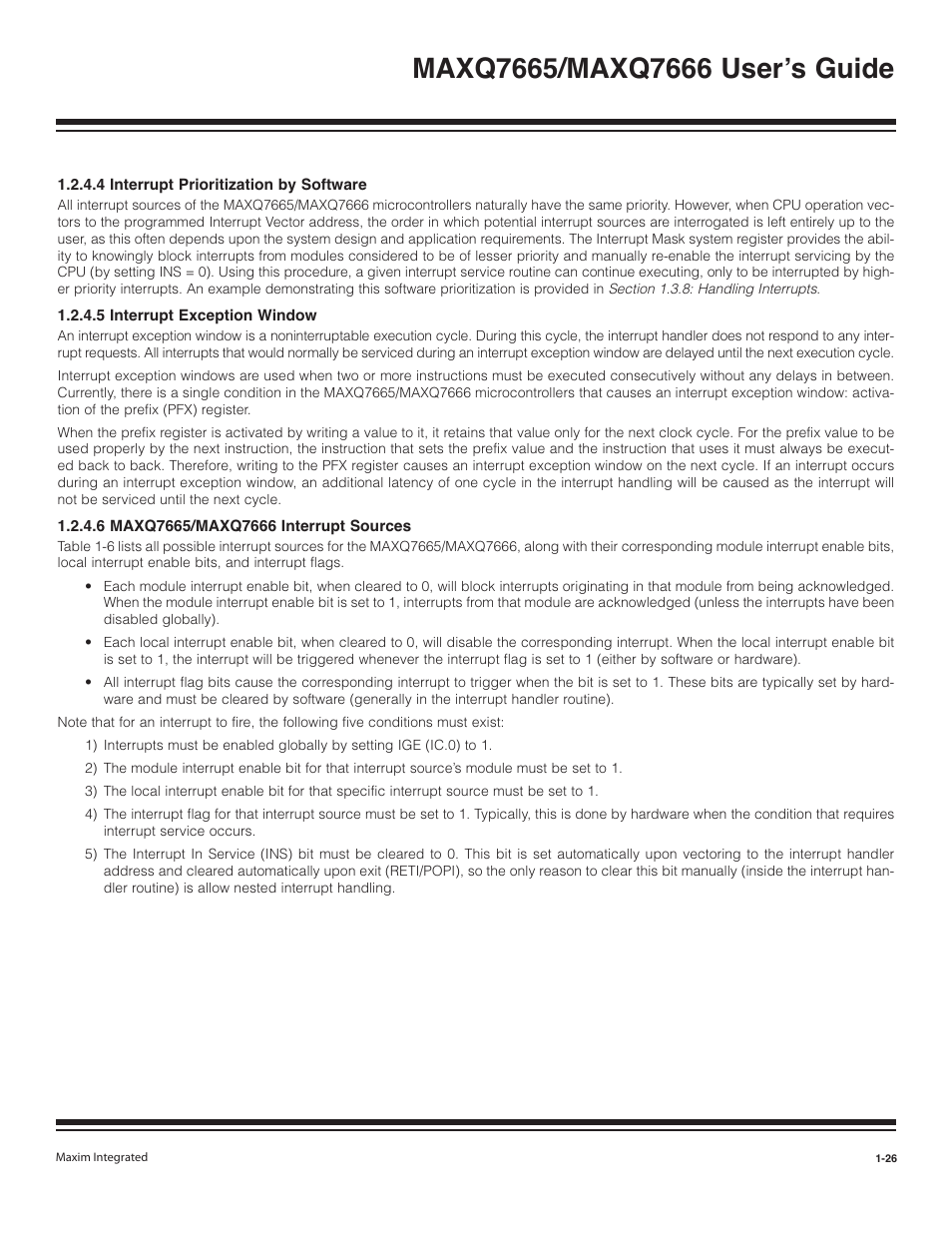 4 interrupt prioritization by software -26, 5 interrupt exception window -26, 6 maxq7665/maxq7666 interrupt sources -26 | Maxim Integrated MAXQ7666 User Manual | Page 28 / 386