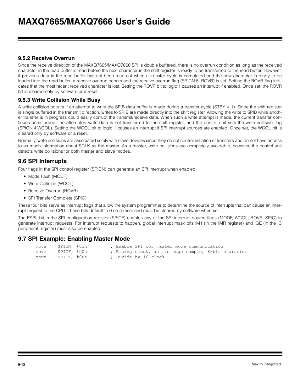 2 receive overrun -13, 3 write collision while busy -13, 6 spi interrupts -13 | 7 spi example: enabling master mode -13 | Maxim Integrated MAXQ7666 User Manual | Page 286 / 386