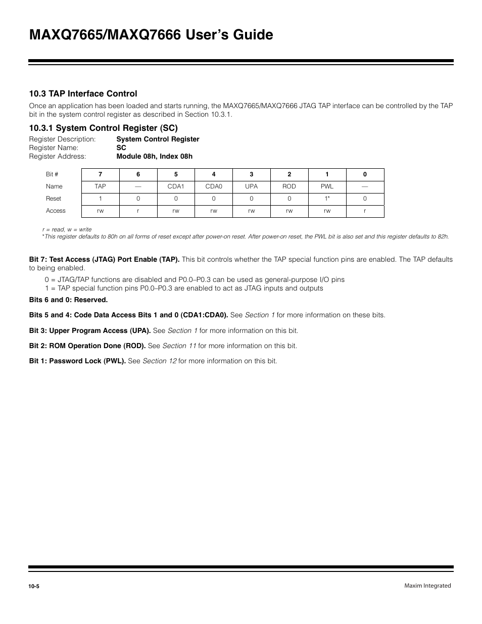 3 tap interface control -5, 1 system control register (sc) -5, 3 tap interface control | 1 system control register (sc) | Maxim Integrated MAXQ7666 User Manual | Page 291 / 386