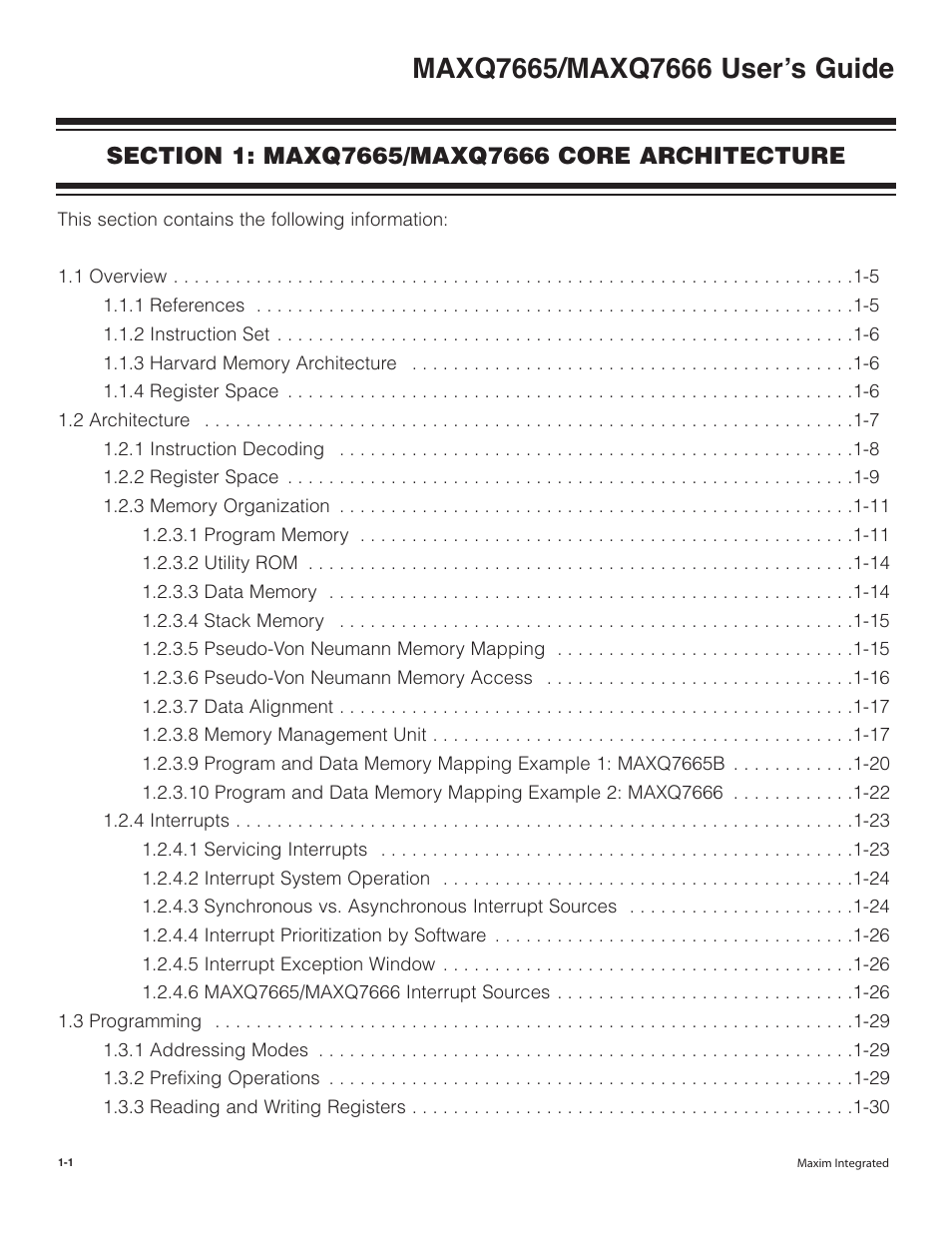 Section 1: maxq7665/maxq7666 core architecture | Maxim Integrated MAXQ7666 User Manual | Page 3 / 386