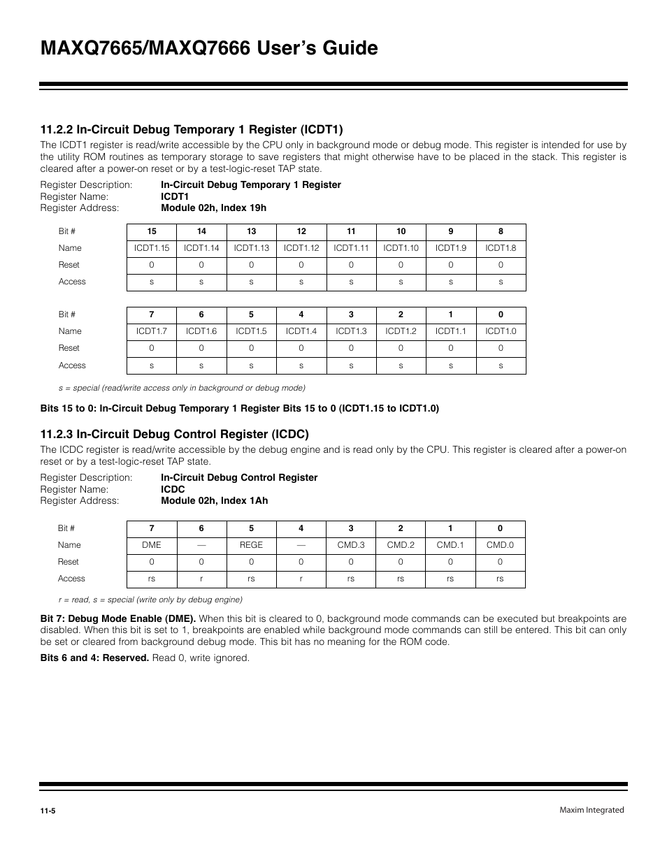 2 in-circuit debug temporary 1 register (icdt1) -5, 3 in-circuit debug control register (icdc) -5, 2 in-circuit debug temporary 1 register (icdt1) | 3 in-circuit debug control register (icdc) | Maxim Integrated MAXQ7666 User Manual | Page 301 / 386