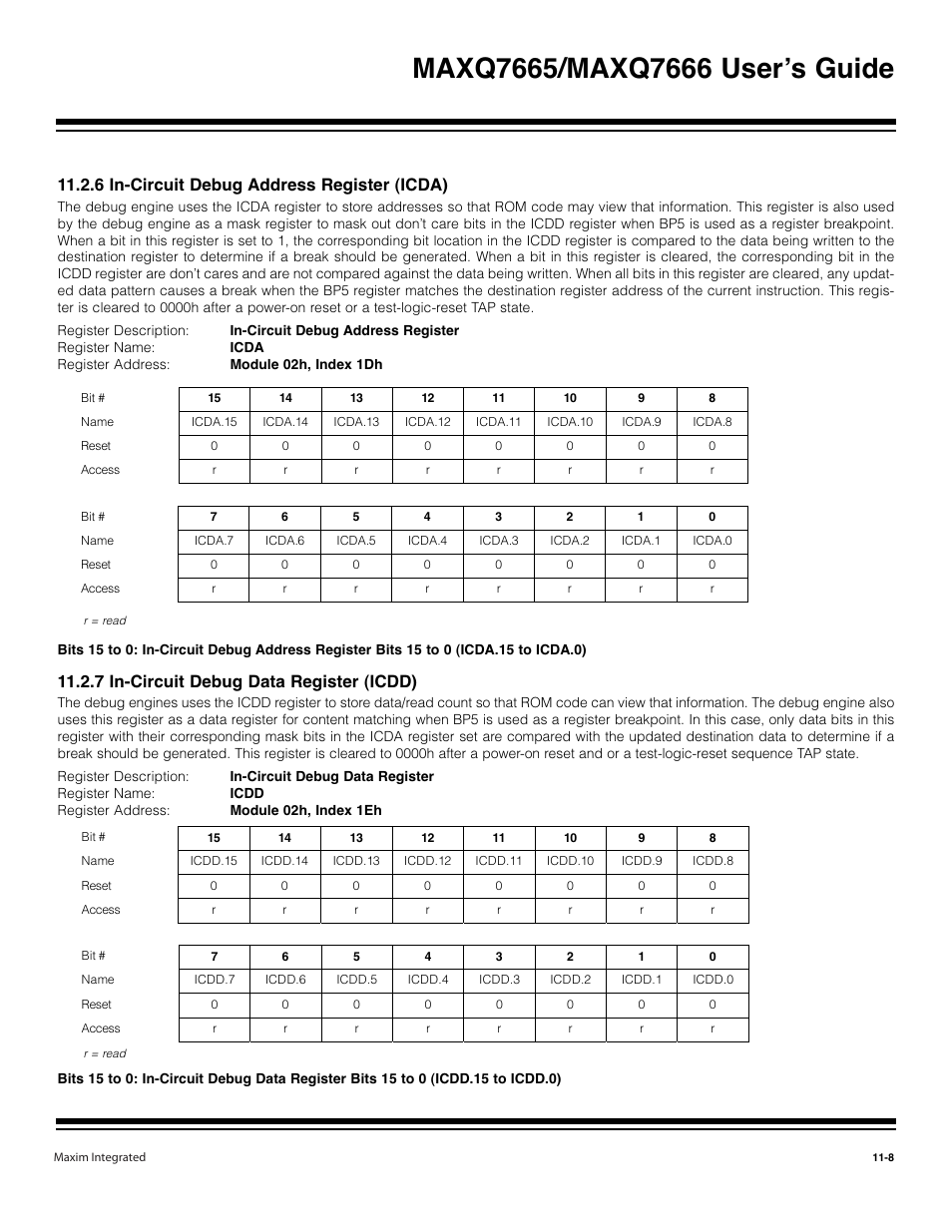 6 in-circuit debug address register (icda) -8, 7 in-circuit debug data register (icdd) -8, 6 in-circuit debug address register (icda) | 7 in-circuit debug data register (icdd) | Maxim Integrated MAXQ7666 User Manual | Page 304 / 386