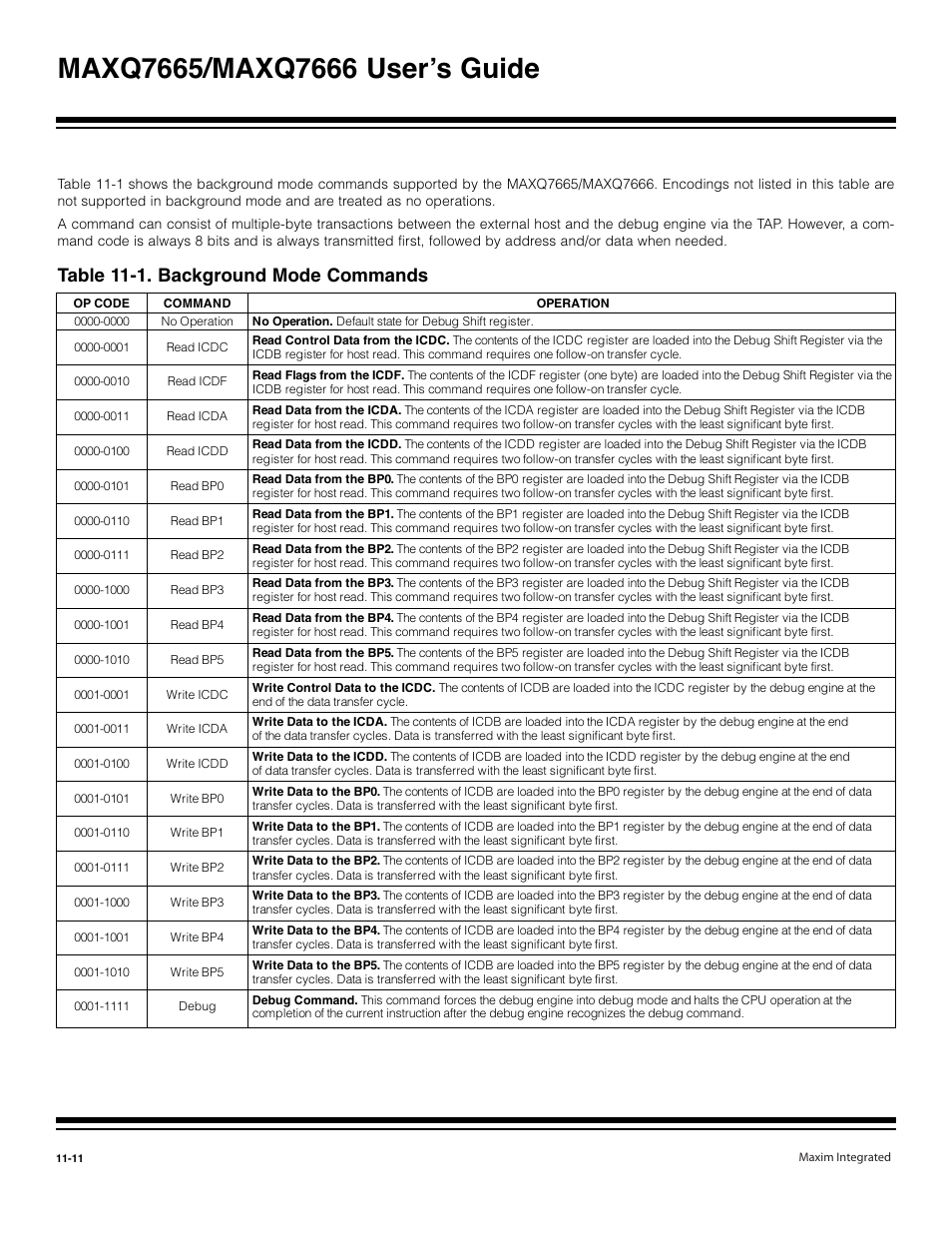 Table 11-1. background mode commands -11, Table 11-1. background mode commands | Maxim Integrated MAXQ7666 User Manual | Page 307 / 386