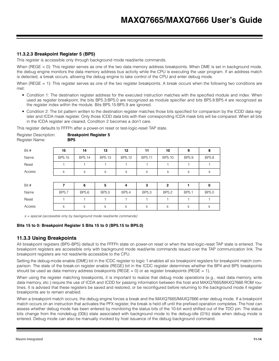 3 breakpoint register 5 (bp5) -14, 3 using breakpoints -14, 3 using breakpoints | Maxim Integrated MAXQ7666 User Manual | Page 310 / 386