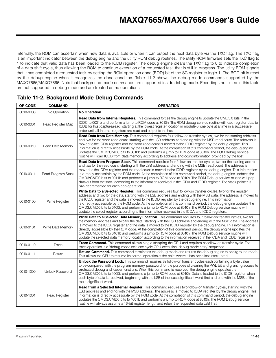Table 11-2. background mode debug commands -16, Table 11-2. background mode debug commands | Maxim Integrated MAXQ7666 User Manual | Page 312 / 386