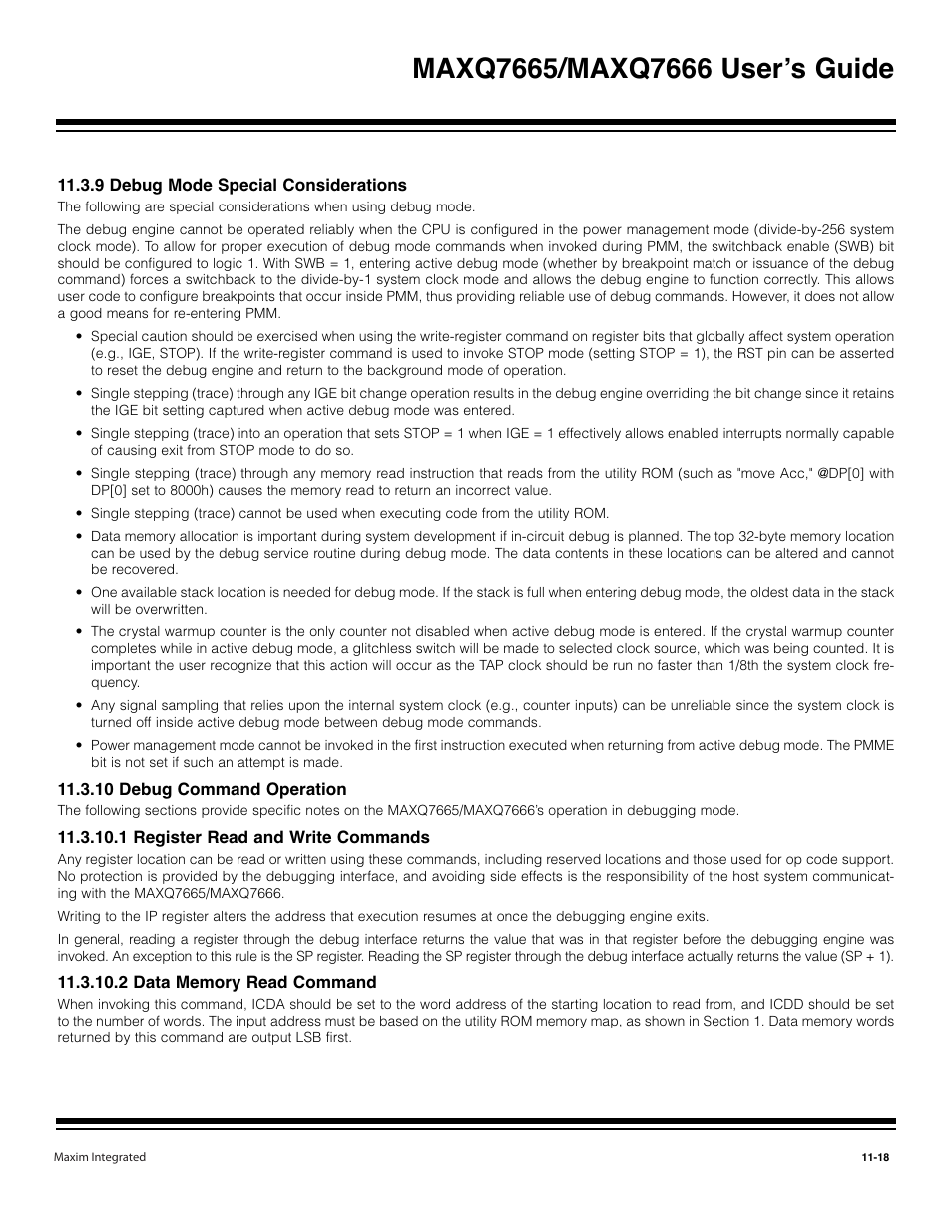 9 debug mode special considerations -18, 10 debug command operation -18, 1 register read and write commands -18 | 2 data memory read command -18 | Maxim Integrated MAXQ7666 User Manual | Page 314 / 386