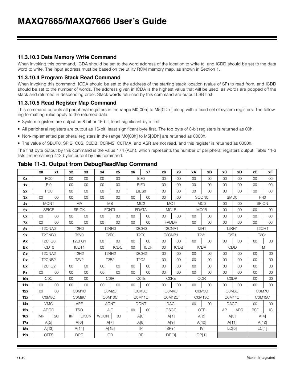 3 data memory write command -19, 4 program stack read command -19, 5 read register map command -19 | Table 11-3. output from debugreadmap command -19, Table 11-3. output from debugreadmap command, 4 program stack read command, 5 read register map command | Maxim Integrated MAXQ7666 User Manual | Page 315 / 386