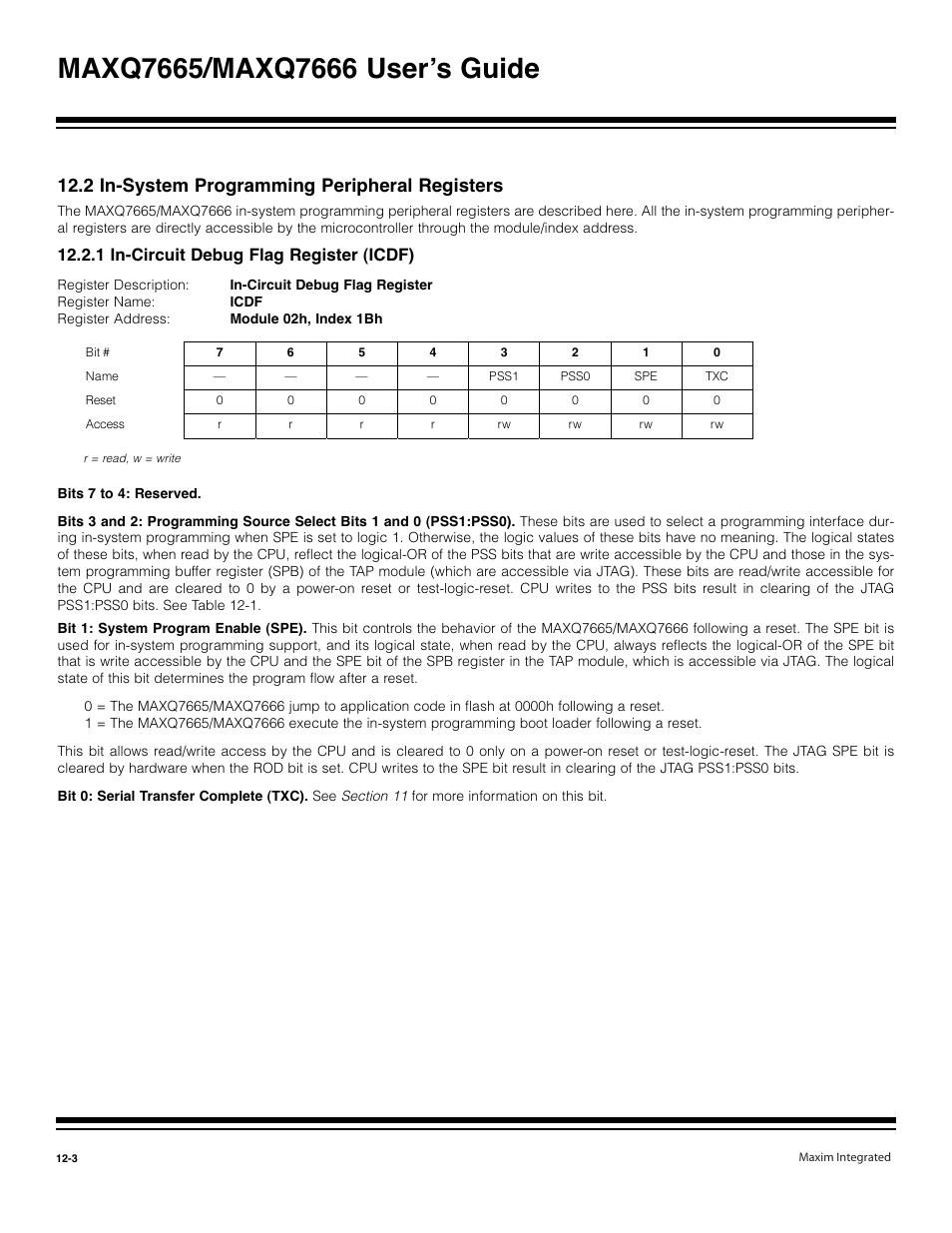 2 in-system programming peripheral registers -3, 1 in-circuit debug flag register (icdf) -3, 2 in-system programming peripheral registers | 1 in-circuit debug flag register (icdf) | Maxim Integrated MAXQ7666 User Manual | Page 318 / 386