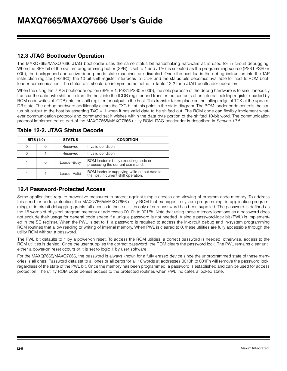 3 jtag bootloader operation -5, 4 password-protected access -5, Table 12-2. jtag status decode -5 | 3 jtag bootloader operation, 4 password-protected access, Table 12-2. jtag status decode | Maxim Integrated MAXQ7666 User Manual | Page 320 / 386