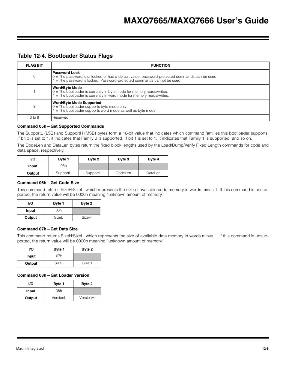 Table 12-4. bootloader status flags -8, Table 12-4. bootloader status flags | Maxim Integrated MAXQ7666 User Manual | Page 323 / 386