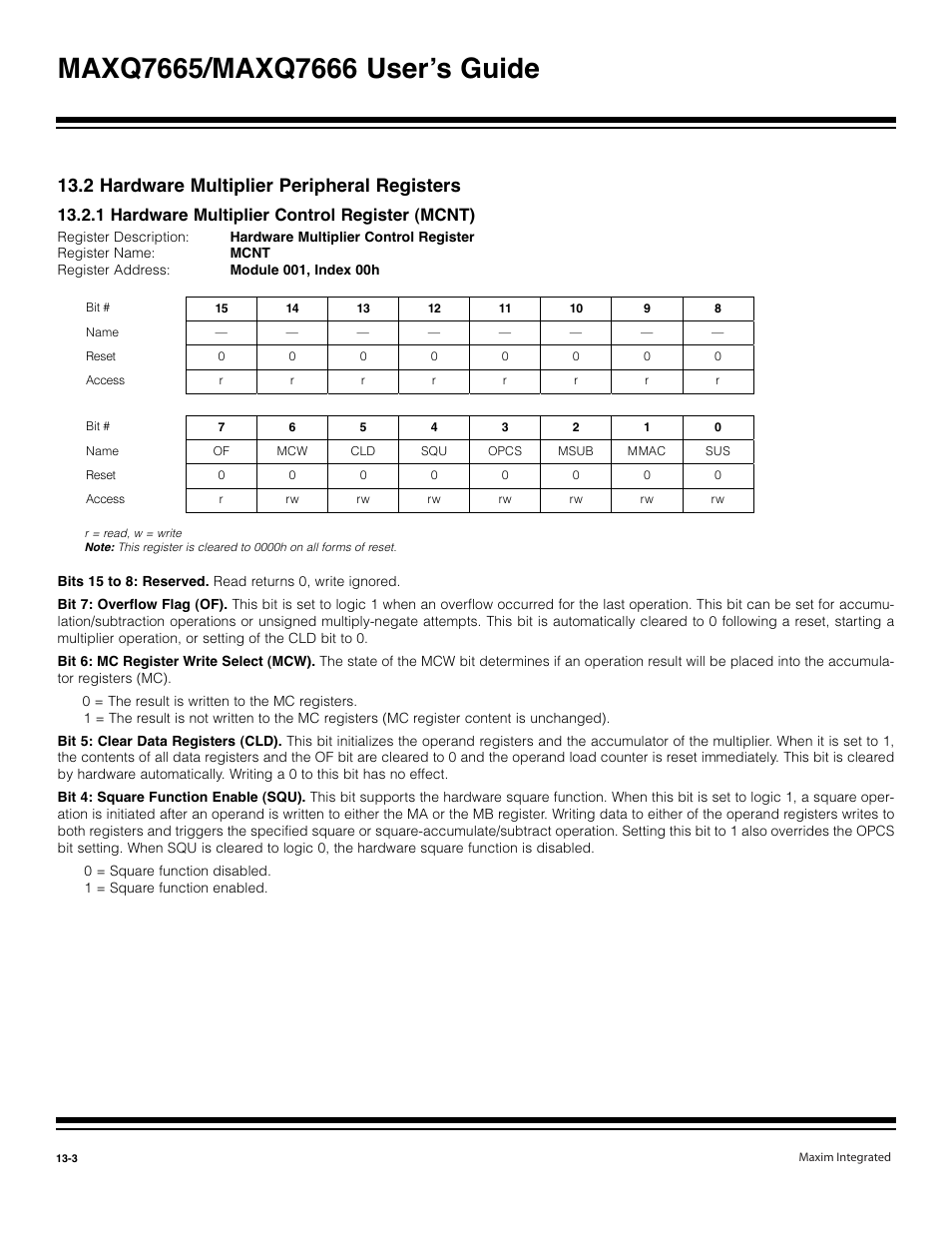 2 hardware multiplier peripheral registers -3, 1 hardware multiplier control register (mcnt) -3, 2 hardware multiplier peripheral registers | 1 hardware multiplier control register (mcnt) | Maxim Integrated MAXQ7666 User Manual | Page 330 / 386