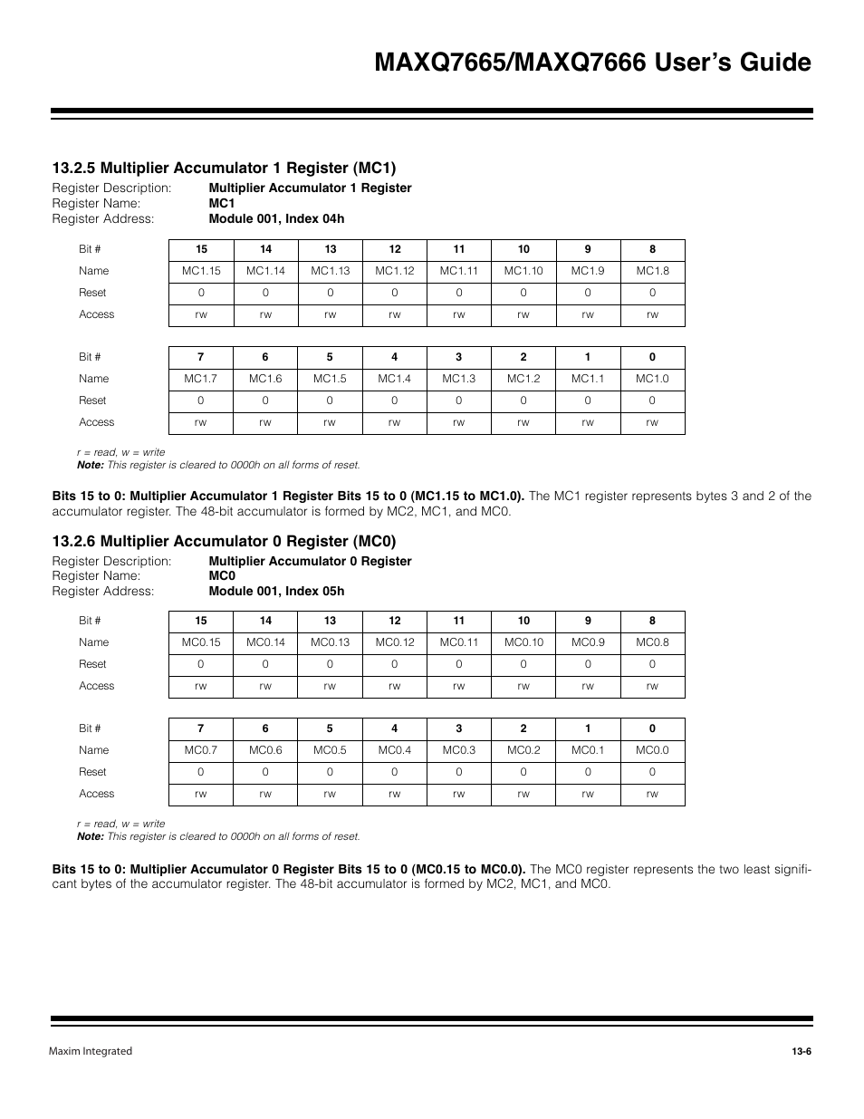 6 multiplier accumulator 0 register (mc0) -6, 5 multiplier accumulator 1 register (mc1), 6 multiplier accumulator 0 register (mc0) | Maxim Integrated MAXQ7666 User Manual | Page 333 / 386
