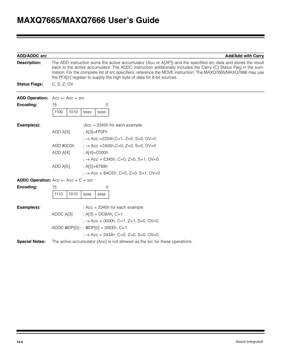 Add/addc | Maxim Integrated MAXQ7666 User Manual | Page 342 / 386