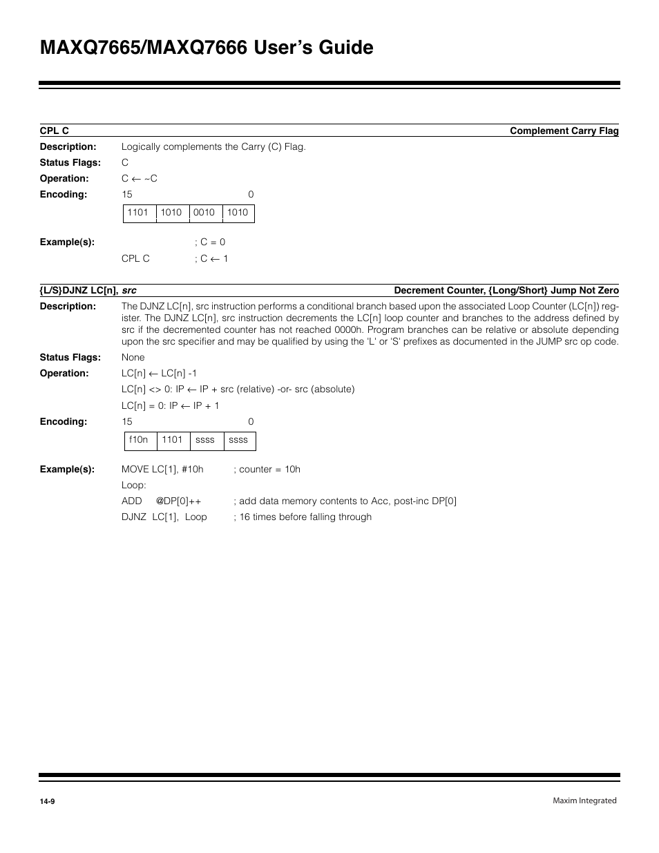 Cpl c -9, L/s}djnz lc[n | Maxim Integrated MAXQ7666 User Manual | Page 346 / 386