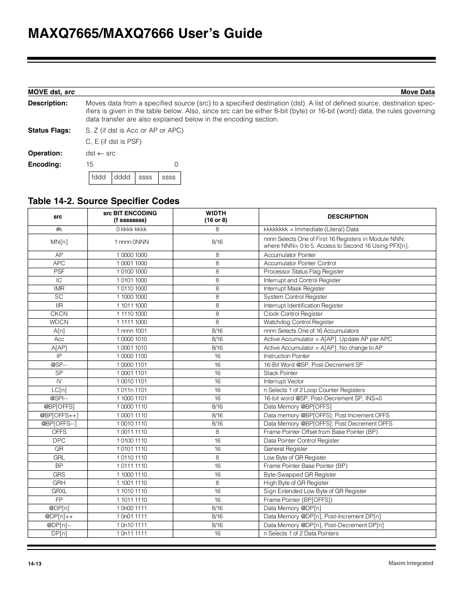 Move dst, Table 14-2. source specifier codes -13, Table 14-2. source specifier codes | Maxim Integrated MAXQ7666 User Manual | Page 350 / 386