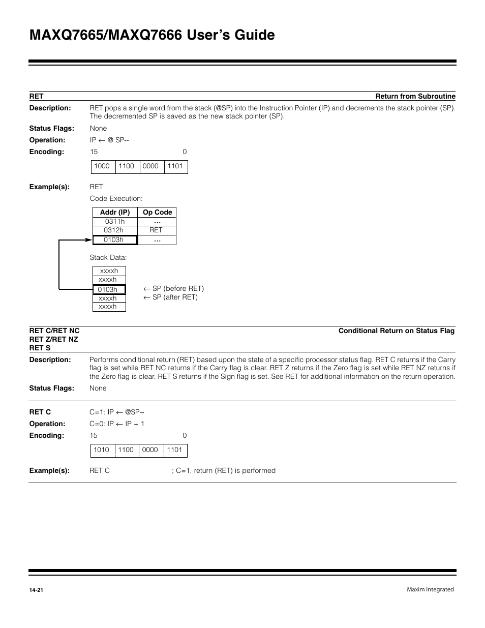 Ret -21, Ret c/ret nc, ret z/ret nz, ret s -21 | Maxim Integrated MAXQ7666 User Manual | Page 358 / 386