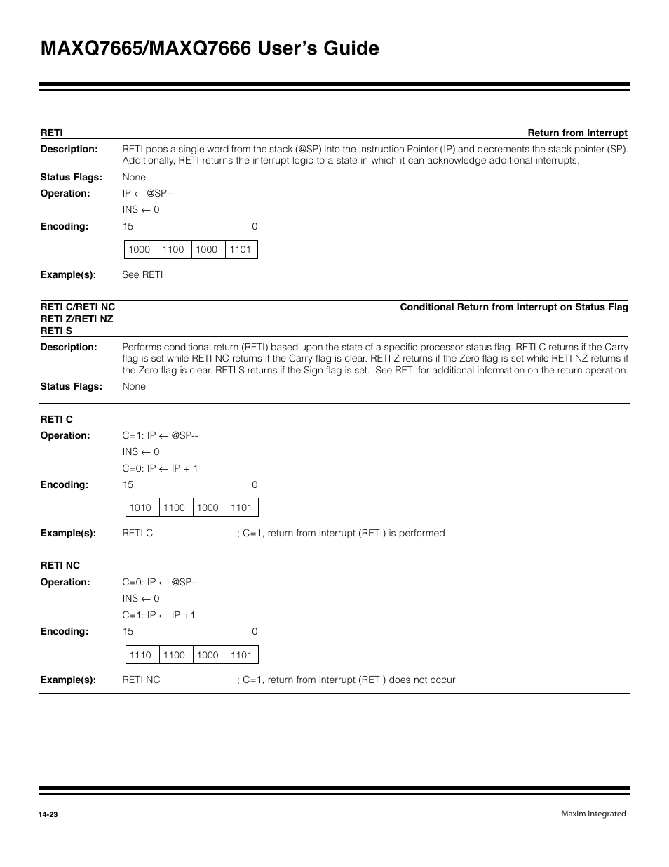 Reti -23, Ret c/ret nc, reti z/reti nz, reti s -23 | Maxim Integrated MAXQ7666 User Manual | Page 360 / 386